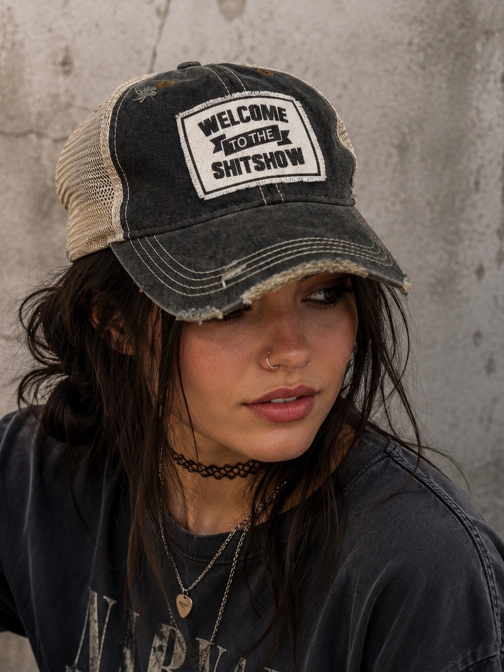 New- HEADMOST Distressed Black and Tan Cap. “ welcome to the shit show”